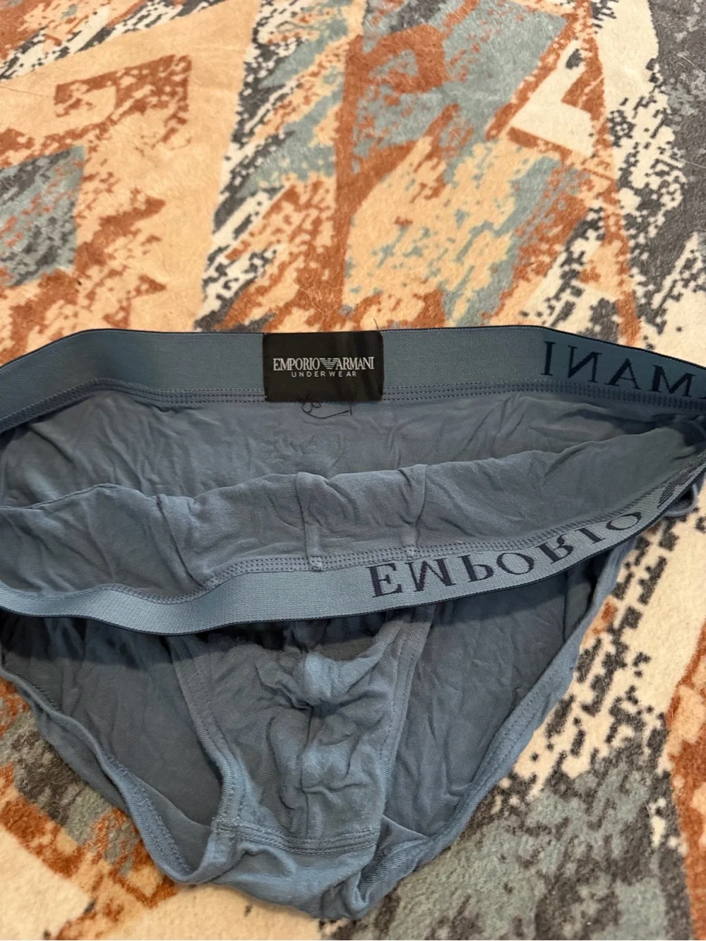 Emporio Armani Slate Blue Men's Briefs with Navy Waistband